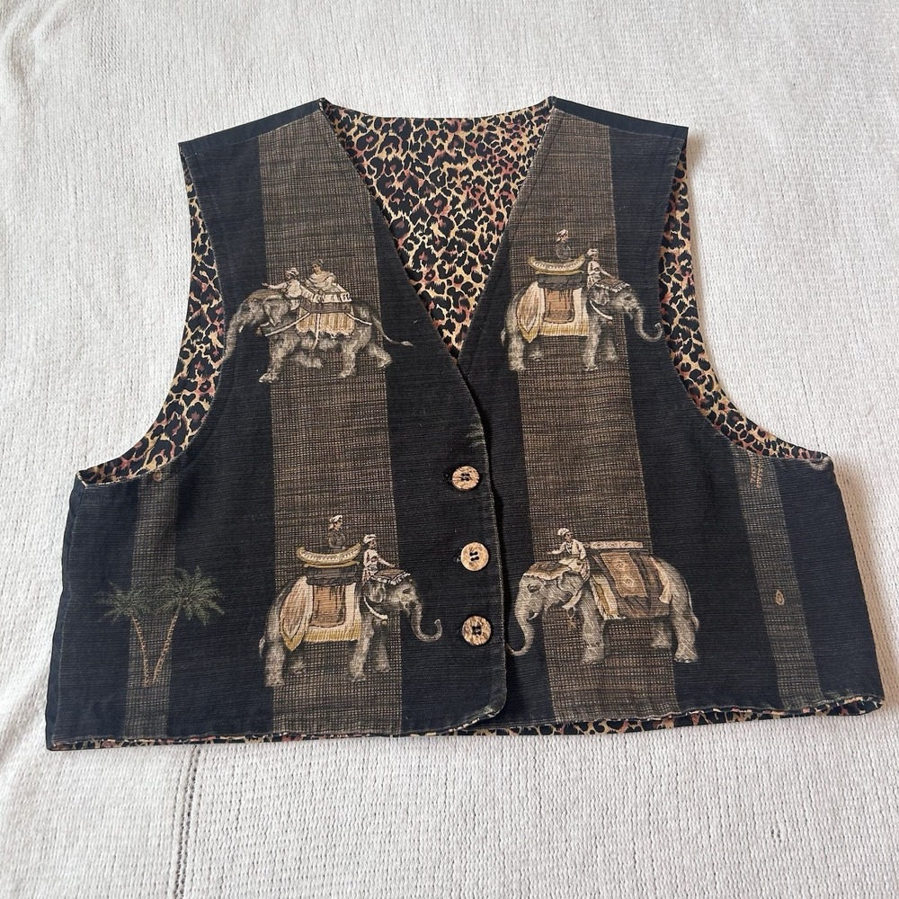 Vtg Handmade Lined Vest Sz M L Animal Print Elephants Leopard Safari